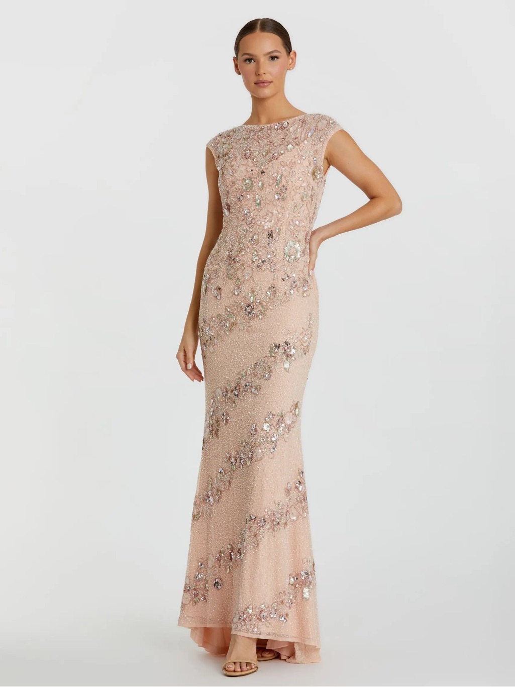 Mac Duggal 5500 Pink Floral Embellished Cap Sleeve Chiffon Gown Sz 10